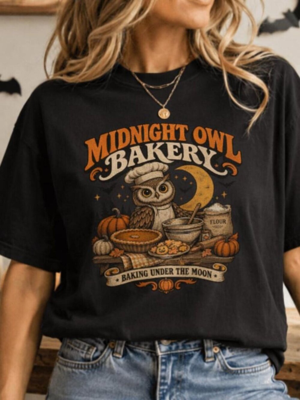 Midnight Owl Bakery T-Shirt, Halloween Baking Shirt, Cute Owl Baker Tee
